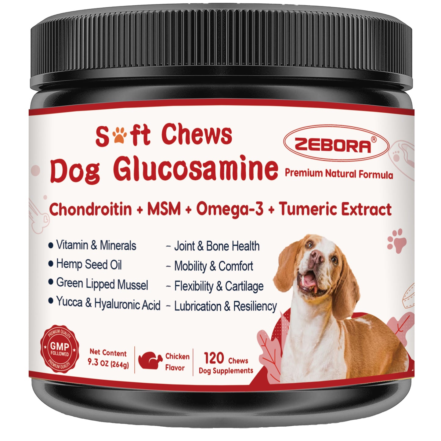 ZEBORA Dog Glucosamine with Chondroitin, MSM, Omega-3, Turmeric, Vitamins, Calcium & Phosphorus for Joint Pain Relief & Bone Health - 120 Soft Chews