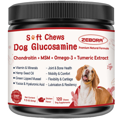 ZEBORA Dog Glucosamine with Chondroitin, MSM, Omega-3, Turmeric, Vitamins, Calcium & Phosphorus for Joint Pain Relief & Bone Health - 120 Soft Chews
