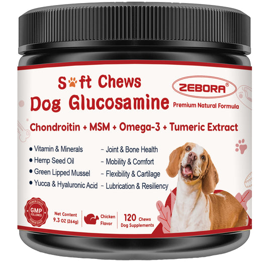ZEBORA Dog Glucosamine with Chondroitin, MSM, Omega-3, Turmeric, Vitamins, Calcium & Phosphorus for Joint Pain Relief & Bone Health - 120 Soft Chews