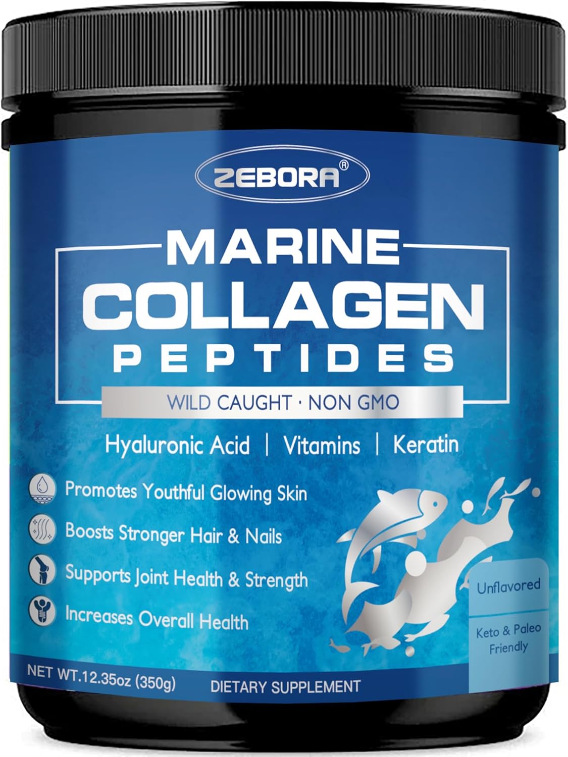 ZEBORA Marine Collagen: Wild Fish Collagen (I,III)+Keratin+MV+HA+Niacin+VC+Bio+18A – Anti-Aging,Skin/Hair/Nails/Jt/Bone/Imm/Energy – 35 Servings