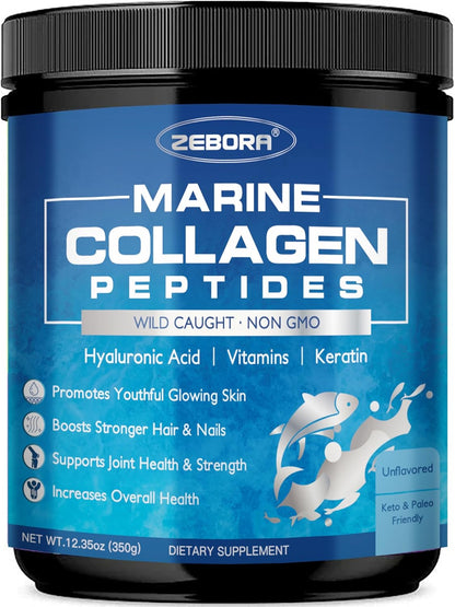 ZEBORA Marine Collagen: Wild Fish Collagen (I,III)+Keratin+MV+HA+Niacin+VC+Bio+18A – Anti-Aging,Skin/Hair/Nails/Jt/Bone/Imm/Energy – 35 Servings