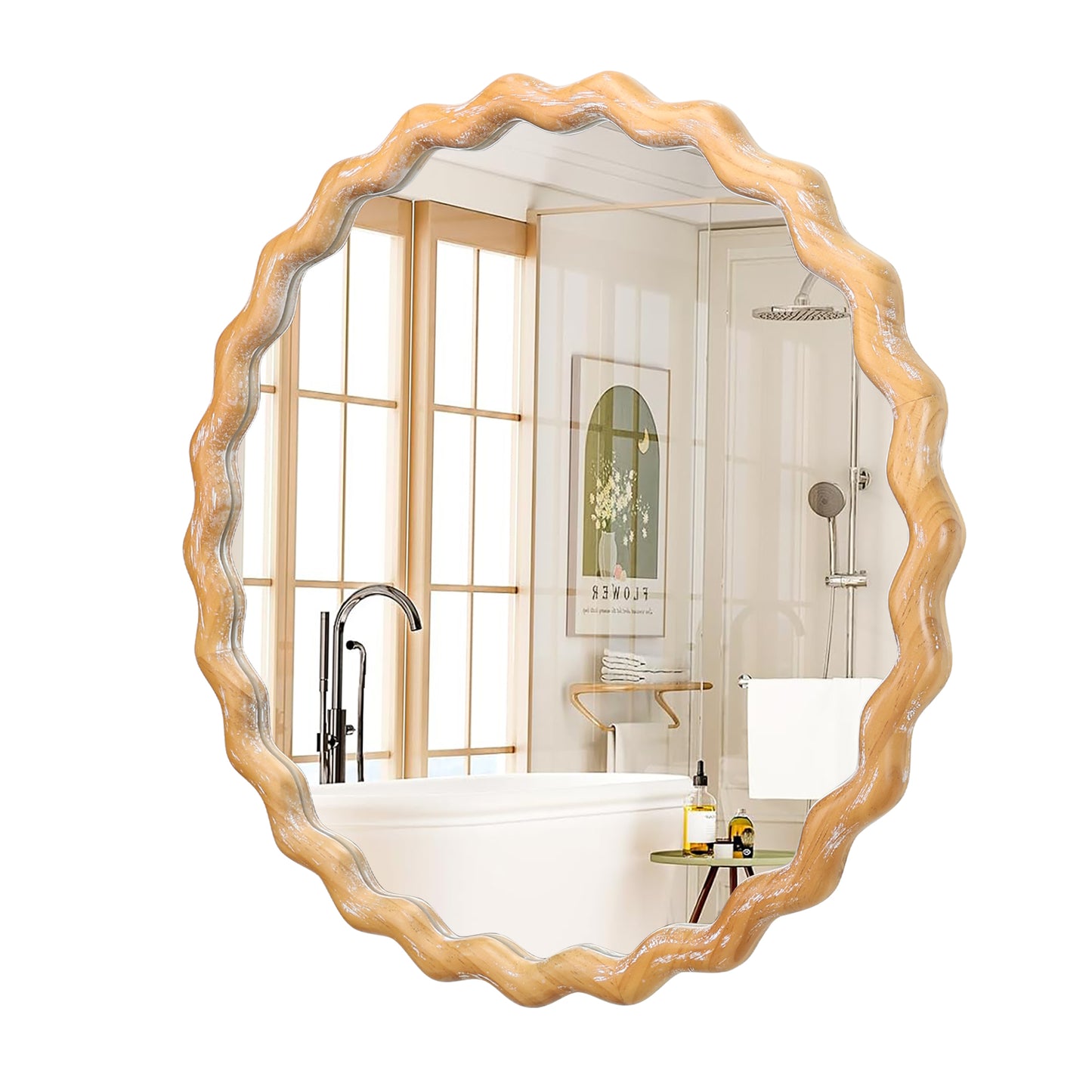 27.5" Round Wavy Bathroom Wall Mirror with Whitewash Edge, Wooden Farmhouse Circle Vanity Mirror - PAIHOME