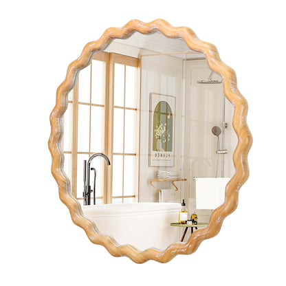 27.5" Round Wavy Bathroom Wall Mirror with Whitewash Edge, Wooden Farmhouse Circle Vanity Mirror - PAIHOME