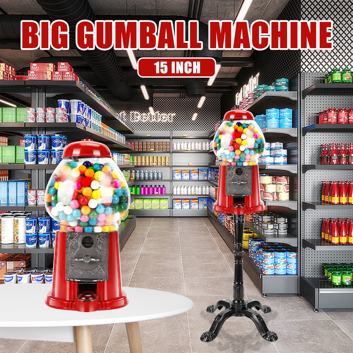 PAIHOME Vintage Red Gumball Machine with Sturdy Metal Stand - 38 Inch Tall Candy Dispenser for Halloween Christmas Fun Party Gift