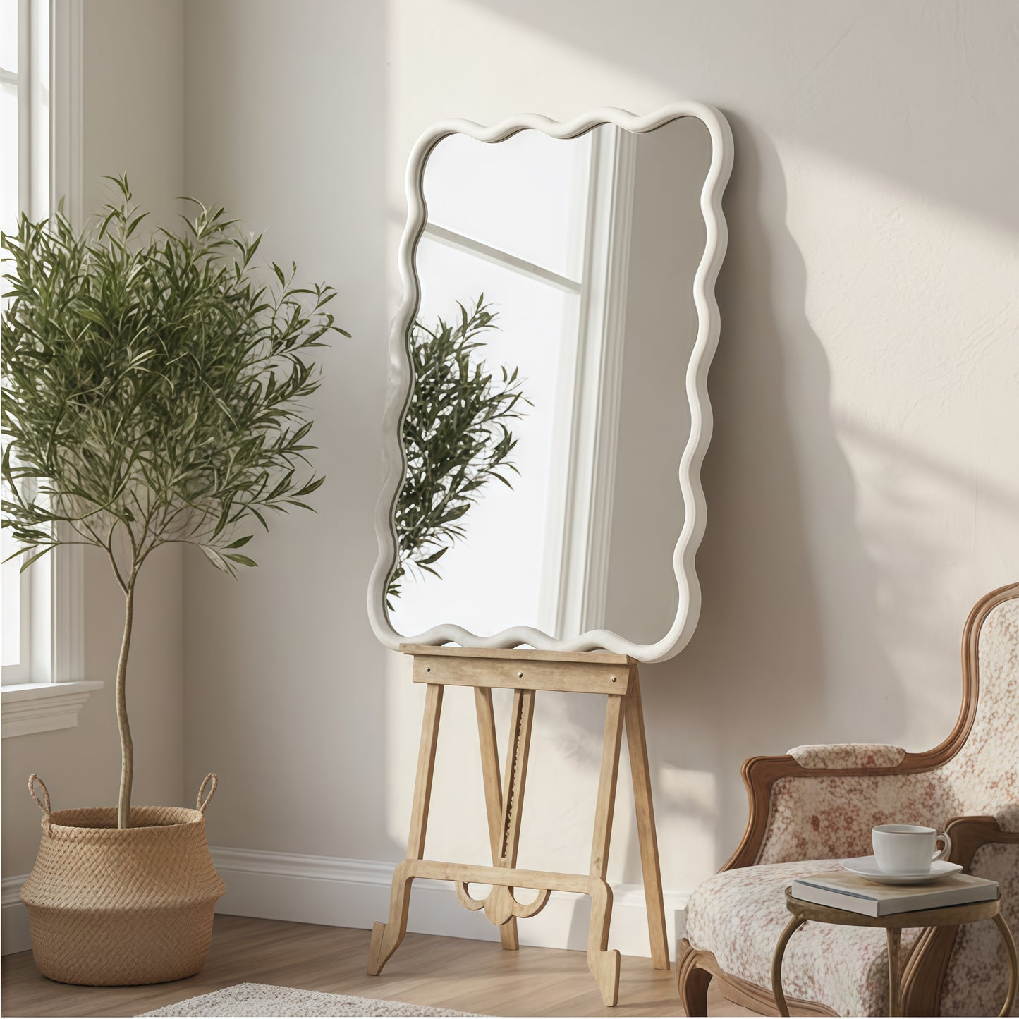 Wavy Edge Wall Mirror, 24" x 36" Irregular Solid Wood Frame - PAIHOME: Bohemian Style, HD Glass, Wall Mount