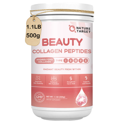 NATURE TARGET Beauty Collagen Peptides Powder: Multi Collagen+Vit C+Biotin+HA—Skin/Hair/Nails/Joint/Digestion—Unflavored,Keto,Non-GMO - 50 Servings
