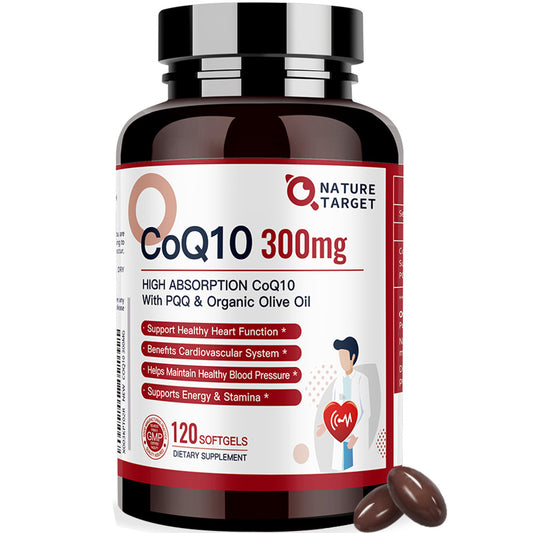 Nature Target CoQ10 300mg+PQQ, Olive Oil, High Absorption, Heart & Immune Support, Energy Production - 120 Servings