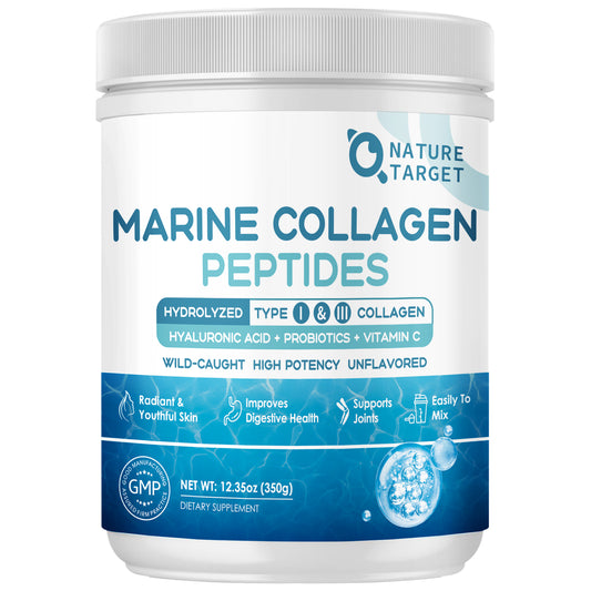 NATURE TARGET Marine Collagen Peptides Powder - Type I  III Collagen with Probiotics, Vitamin C & Hyaluronic Unflavored 35 Servings