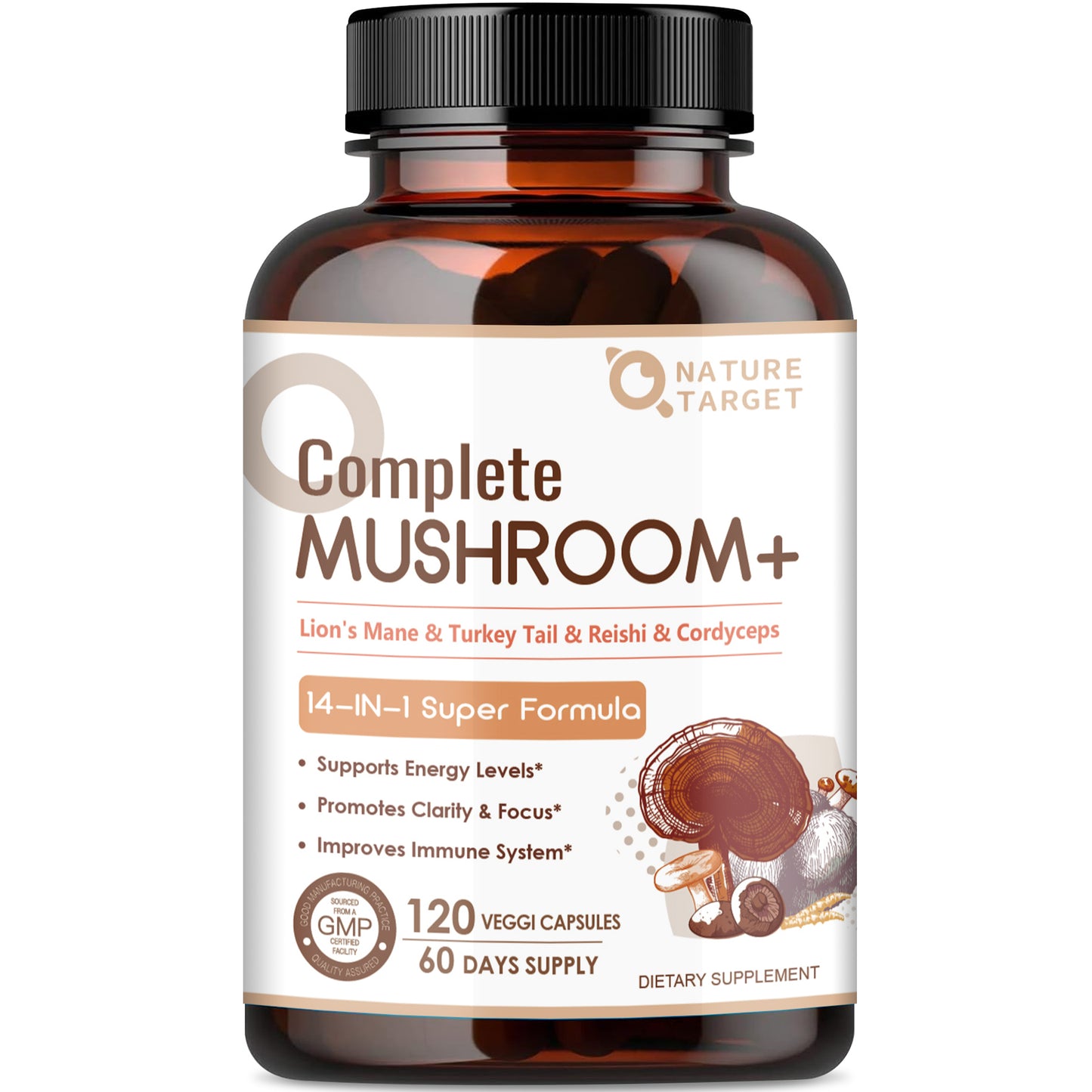 Mushroom Supplement, Mushroom Complex with Lion's Mane, Turkey Tail, Reishi, Cordyceps, Shiitake, 14-in-1 Mushrooms for Memory and Focus - 120 Capsules