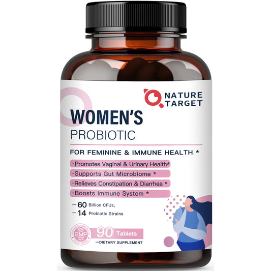 NATURE TARGET Women’s 60B CFUs Probiotic : 14 organic strains, cranberry, D-mannose, prebiotics – supports digestive, immune, women’s health - 90tabs