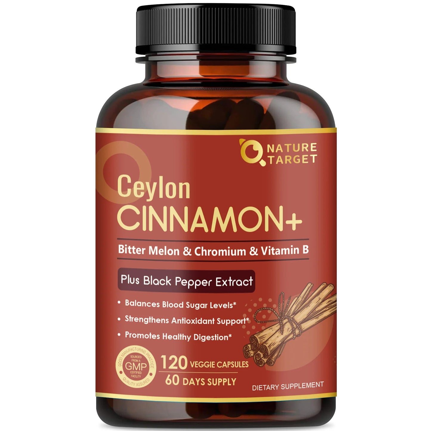 NATURE TARGET Ceylon Cinnamon Supplements Plus Chromium, Bitter Melon, Vegetarian - 120 Capsules