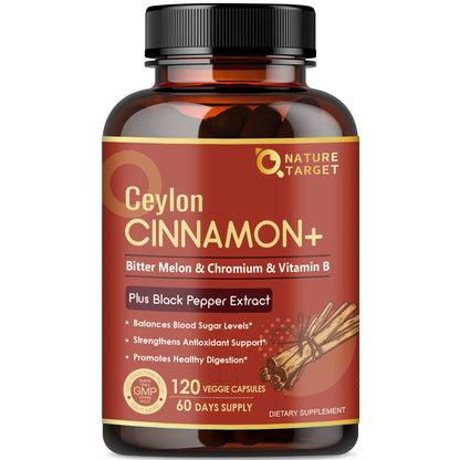 NATURE TARGET Ceylon Cinnamon Supplements Plus Chromium, Bitter Melon, Vegetarian - 120 Capsules