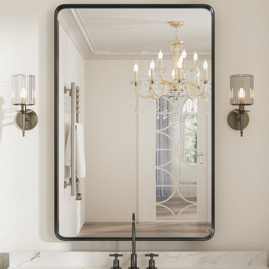 Bathroom Vanity Mirror,Black Rectangular Mirror with Rounded Corners,Metal Frame Decorative Wall Mirror-PAIHOME