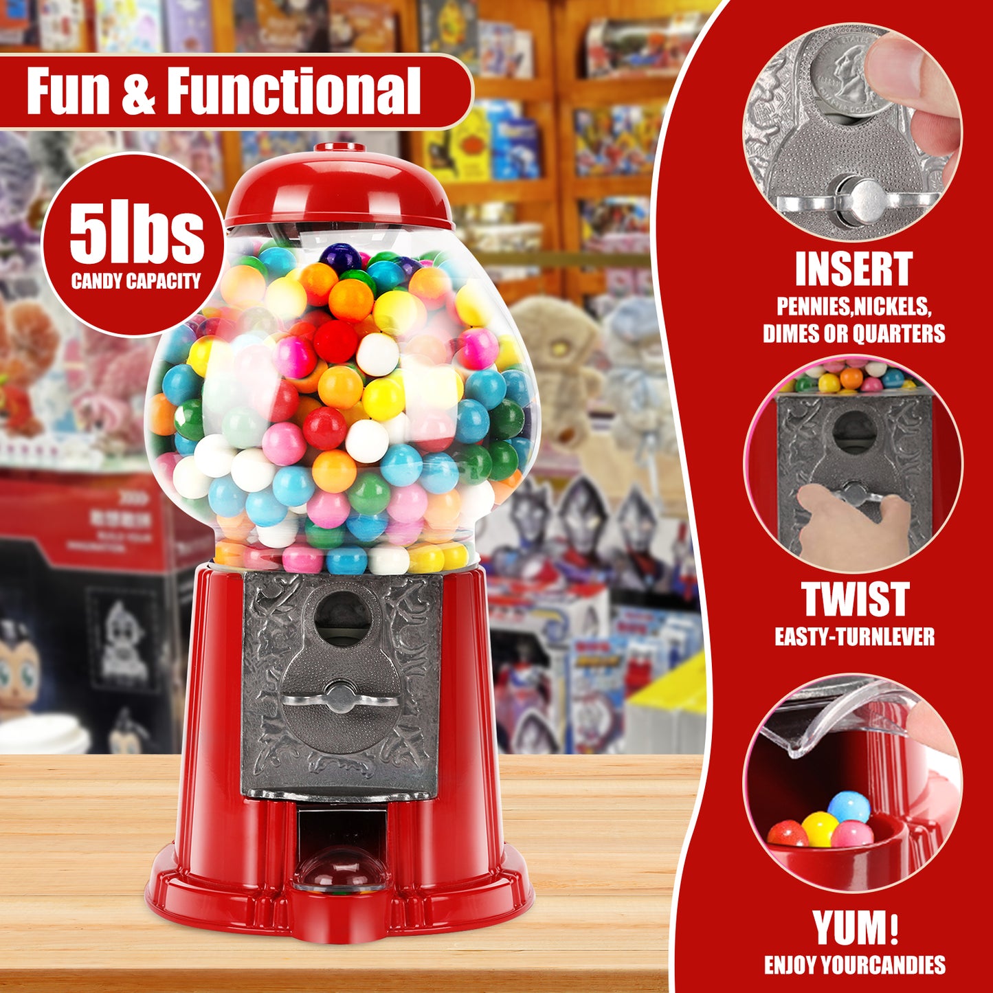 PAIHOME Vintage Red Gumball Machine with Sturdy Metal Stand - 38 Inch Tall Candy Dispenser for Halloween Christmas Fun Party Gift