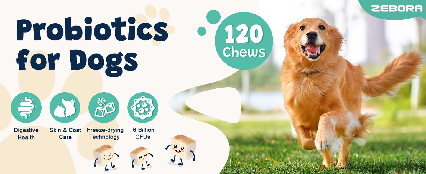 ZEBORA Dog Probiotics – 6billion CFUs with digestive enzymes, prebiotics, omega-3 & 6, vitamins for gut health, digestion & immunity – 120 chews