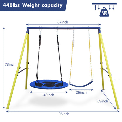 Outdoor Kids Swing Set with Saucer and Belt Swings - Heavy-Duty Metal A-Frame Playset for Backyard Fun, 440 lbs Capacity
