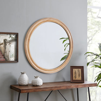 Round Wood Mirror with Ribbed Detail, Bedroom Decorative Circle Mirror Wall Decor - PAIHOME