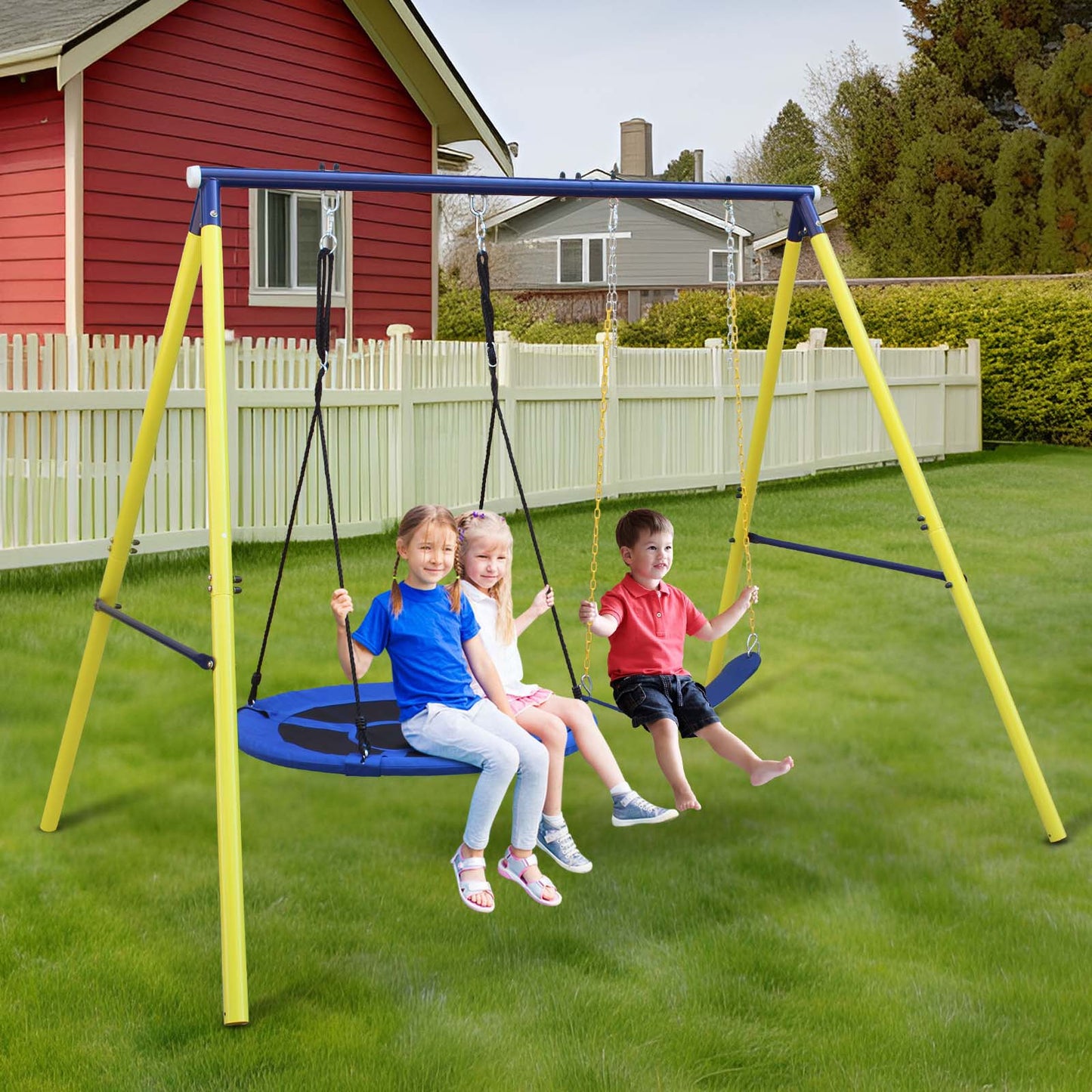 Outdoor Kids Swing Set with Saucer and Belt Swings - Heavy-Duty Metal A-Frame Playset for Backyard Fun, 440 lbs Capacity