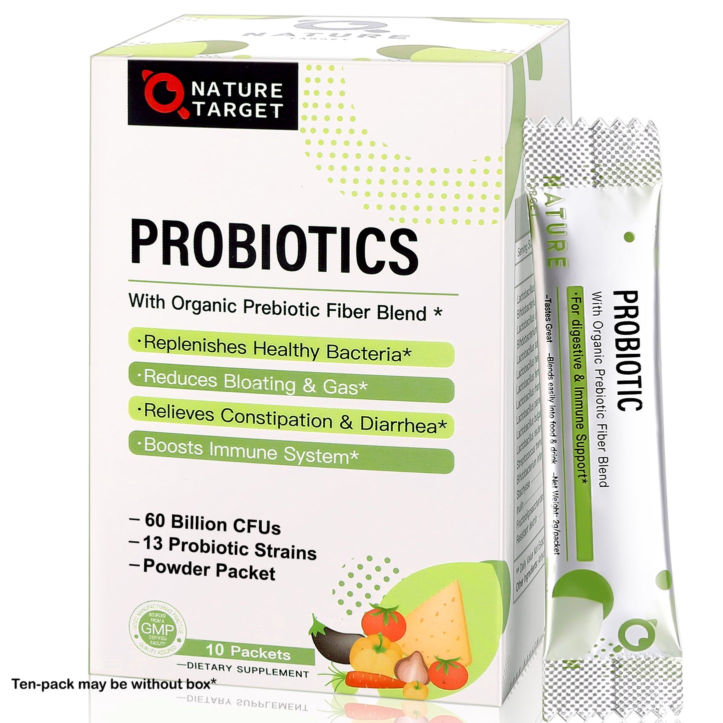 NATURE TARGET Probiotics (60B CFUs, 13 Strains) for Women/Men/Kids - Prebiotics + Probiotics for Digestive Health. Non-GMO, Gluten-Free - 30 Packets