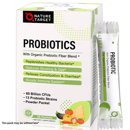 NATURE TARGET Probiotics (60B CFUs, 13 Strains) for Women/Men/Kids - Prebiotics + Probiotics for Digestive Health. Non-GMO, Gluten-Free - 30 Packets