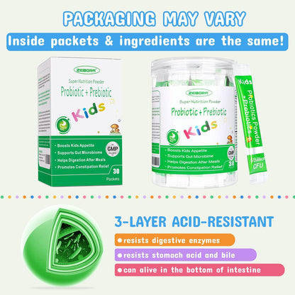 ZEBORA Kids Probiotic & Prebiotics Powder (Age 3+): 5B CFUs, 8 Strains, Org Preb, Orange Ext – Supports Dig/Imm/Resp Health, Reduces Constip – 30Pkts