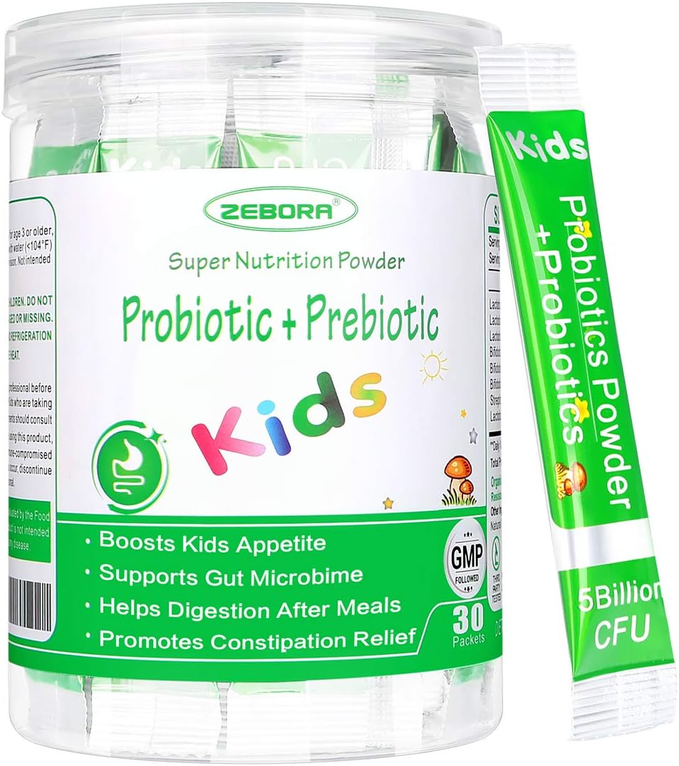 ZEBORA Kids Probiotic & Prebiotics Powder (Age 3+): 5B CFUs, 8 Strains, Org Preb, Orange Ext – Supports Dig/Imm/Resp Health, Reduces Constip – 30Pkts
