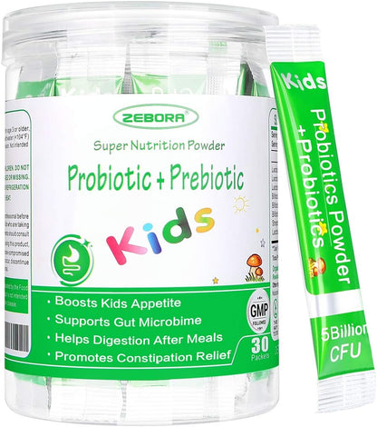 ZEBORA Kids Probiotic & Prebiotics Powder (Age 3+): 5B CFUs, 8 Strains, Org Preb, Orange Ext – Supports Dig/Imm/Resp Health, Reduces Constip – 30Pkts