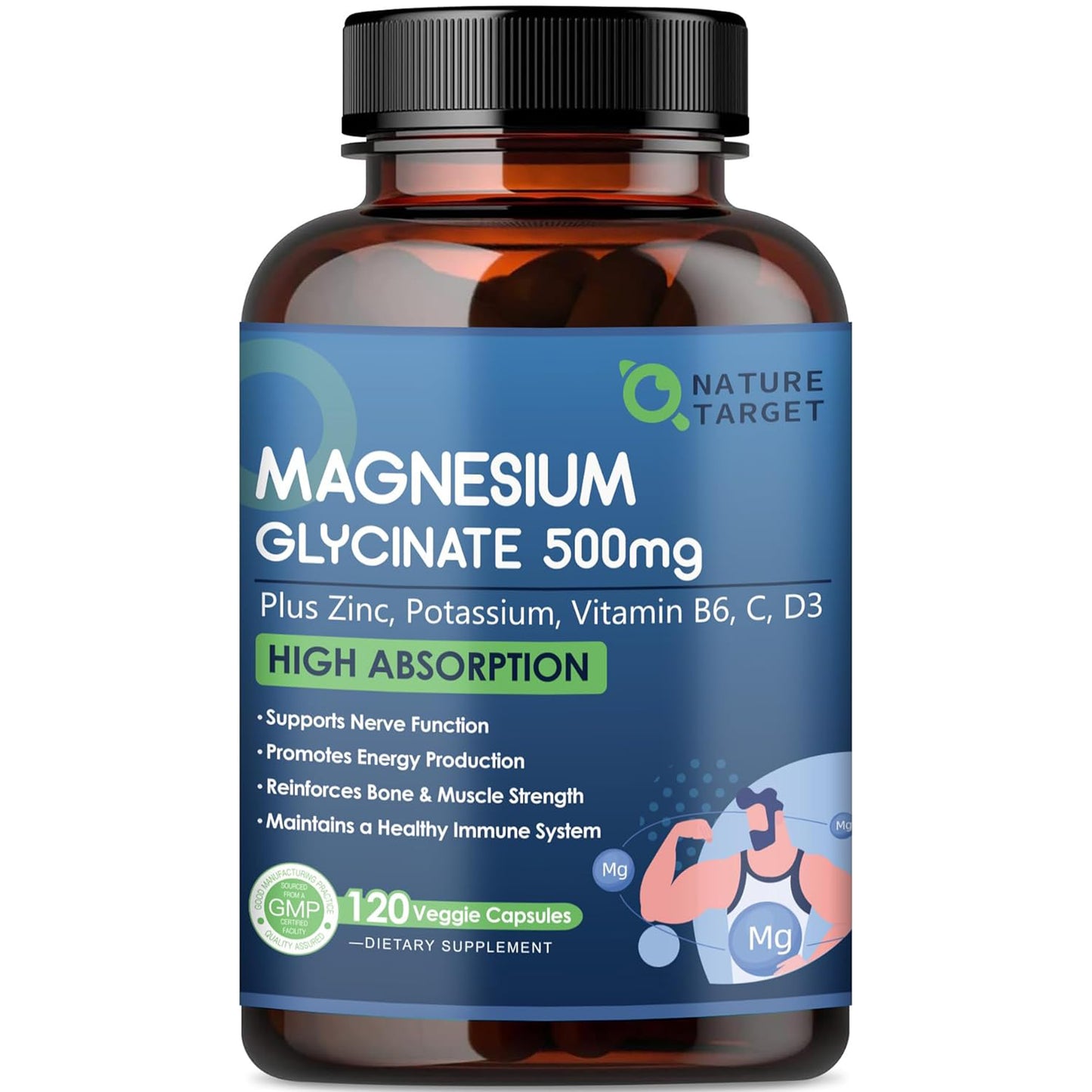 Magnesium Glycinate 500mg, Chelated Magnesium with Zinc & Vitamin D3 for Muscle, Nerve & Bone, Support Heart Health & Leg Cramp, Strength Immune System - 120 Capsules