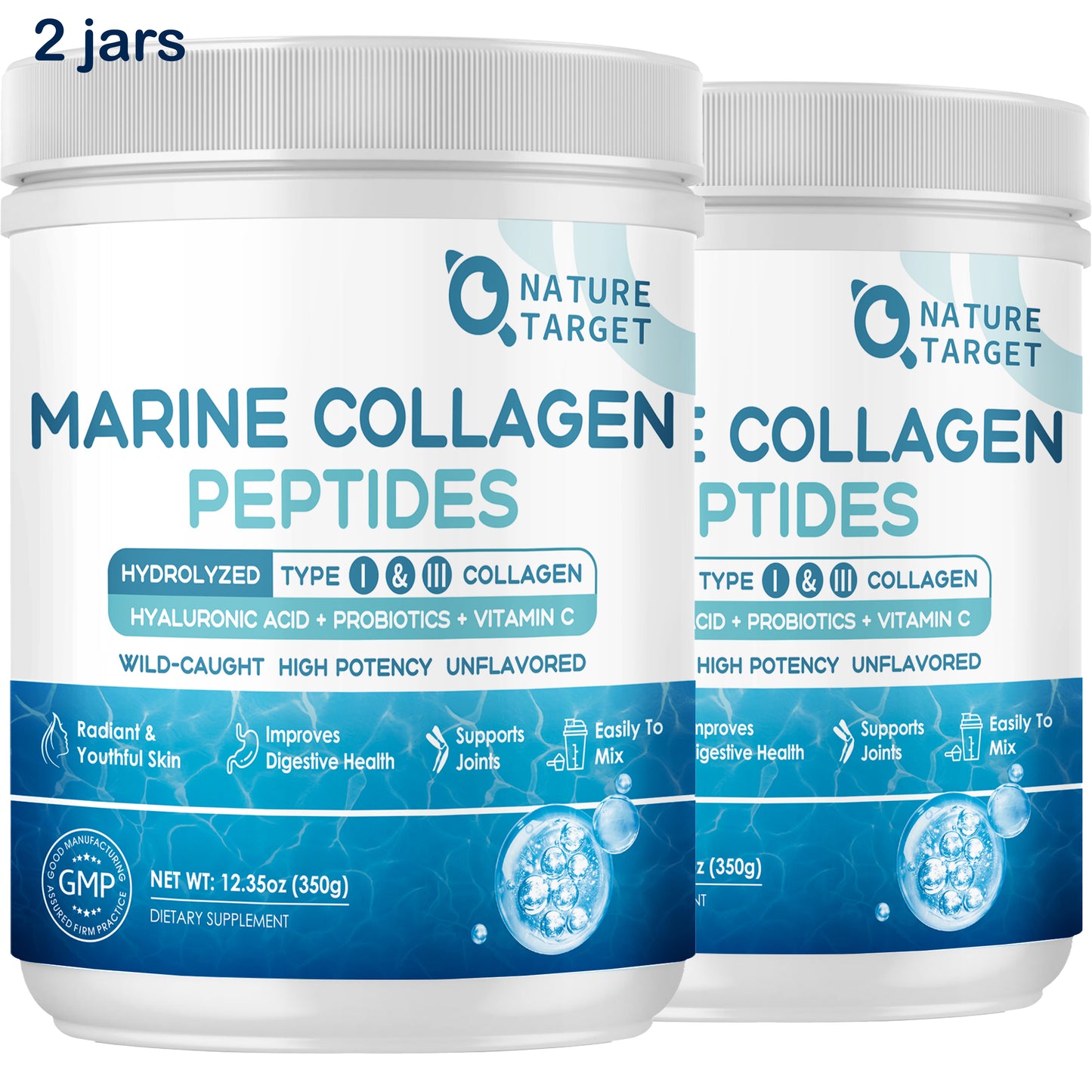 NATURE TARGET 2 jars Marine Collagen Peptides Powder - Type I III Collagen with Probiotics, Vitamin C & Hyaluronic Unflavored