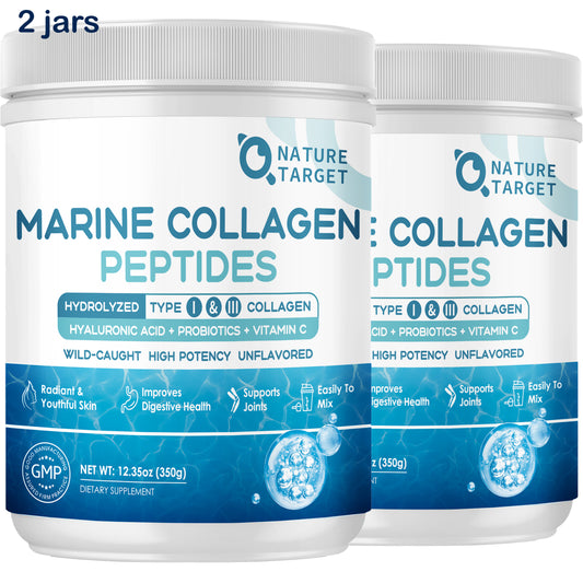 NATURE TARGET 2 jars Marine Collagen Peptides Powder - Type I III Collagen with Probiotics, Vitamin C & Hyaluronic Unflavored