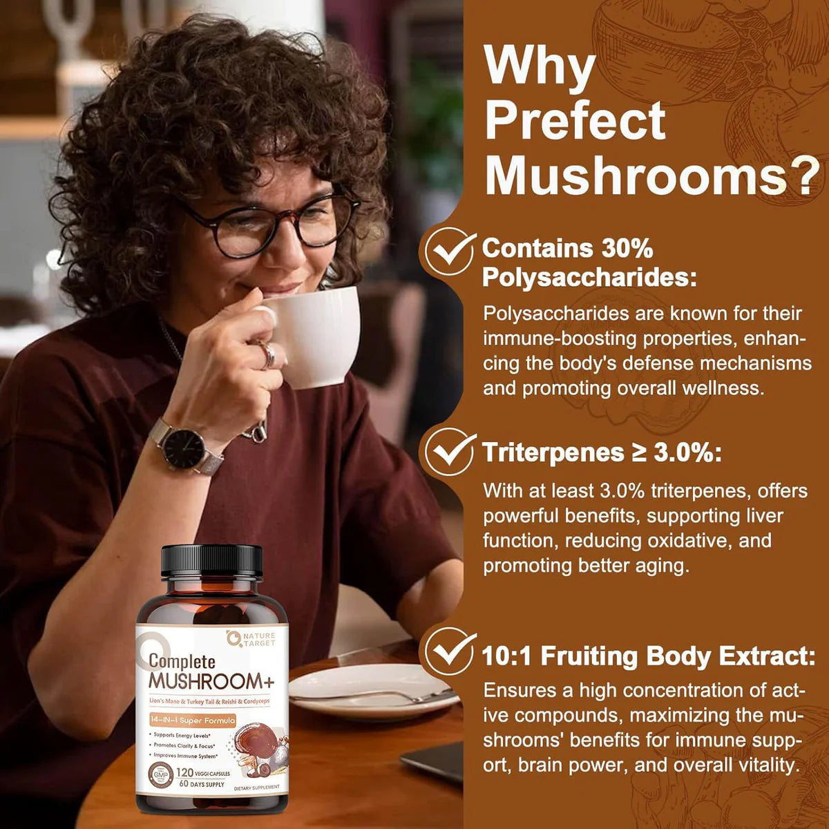 Mushroom Supplement, Mushroom Complex with Lion's Mane, Turkey Tail, Reishi, Cordyceps, Shiitake, 14-in-1 Mushrooms for Memory and Focus - 120 Capsules