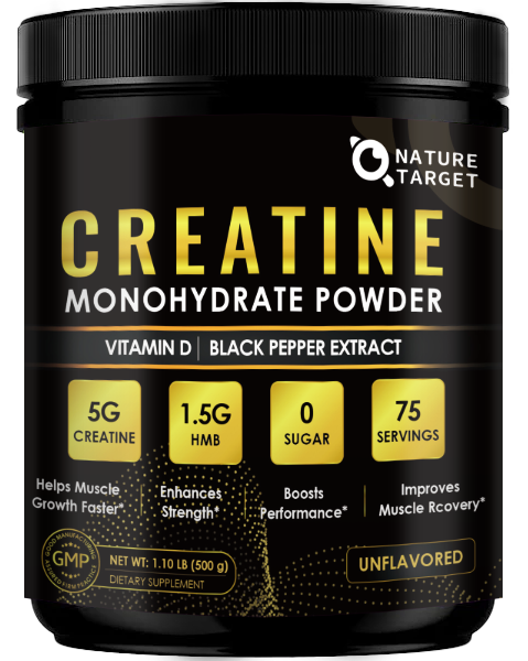 NATURE TARGET Micronized Creatine Monohydrate - 75 srv. For men & women. Boosts performance, strength, muscle growth, workout recovery. Pure, fast-dissolve