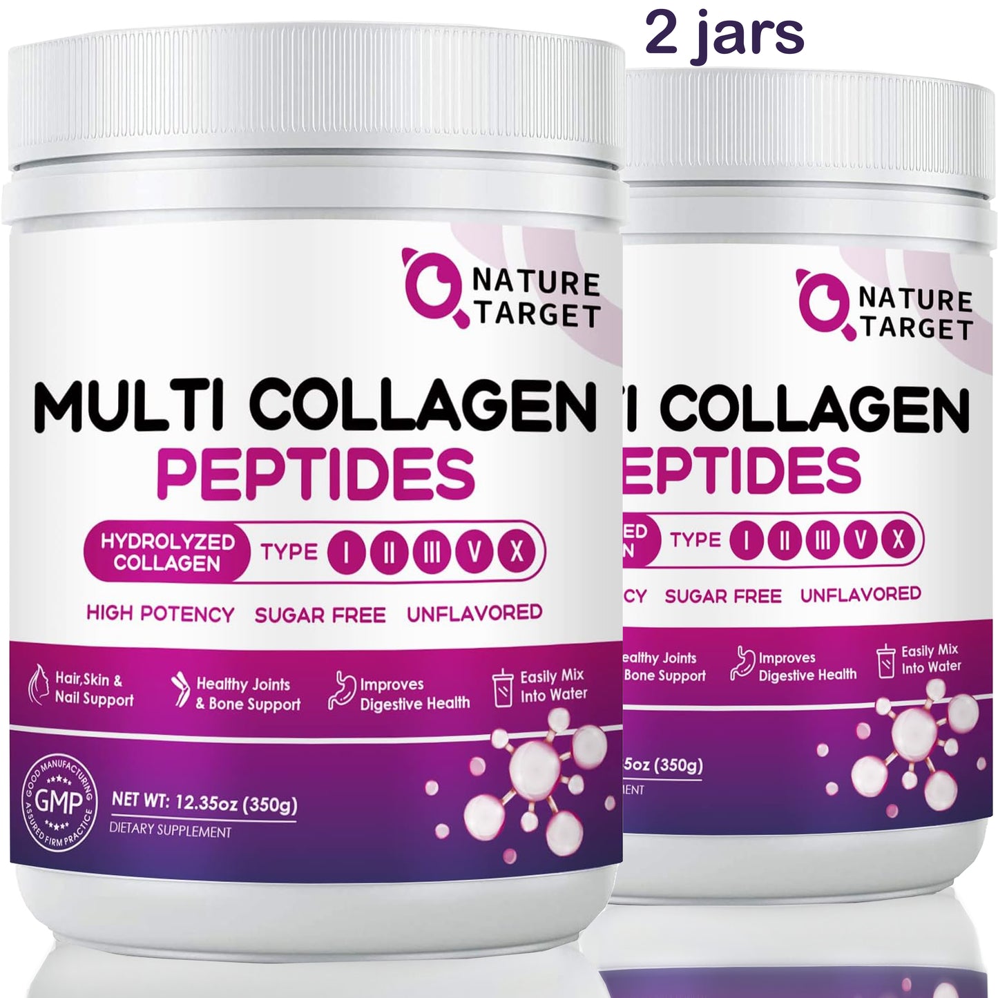 NATURE TARGET 2 jars Multi Collagen Hydrolyzed Collagen Peptides Powder with Types I II III V X with Vitamin C Hyaluronic Acid