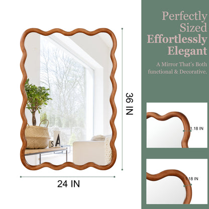 Wavy Edge Wall Mirror, 24" x 36" Irregular Solid Wood Frame - PAIHOME: Bohemian Style, HD Glass, Wall Mount