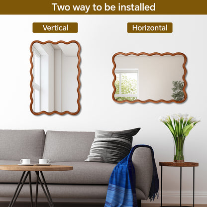 Wavy Edge Wall Mirror, 24" x 36" Irregular Solid Wood Frame - PAIHOME: Bohemian Style, HD Glass, Wall Mount