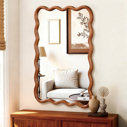 Wavy Edge Wall Mirror, 24" x 36" Irregular Solid Wood Frame - PAIHOME: Bohemian Style, HD Glass, Wall Mount