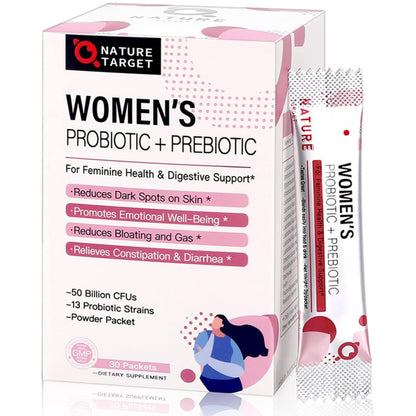 NATURE TARGET Women’s Prebiotics and Probiotics, 50 Billion CFUs+31 strains of probiotics - 30 packets