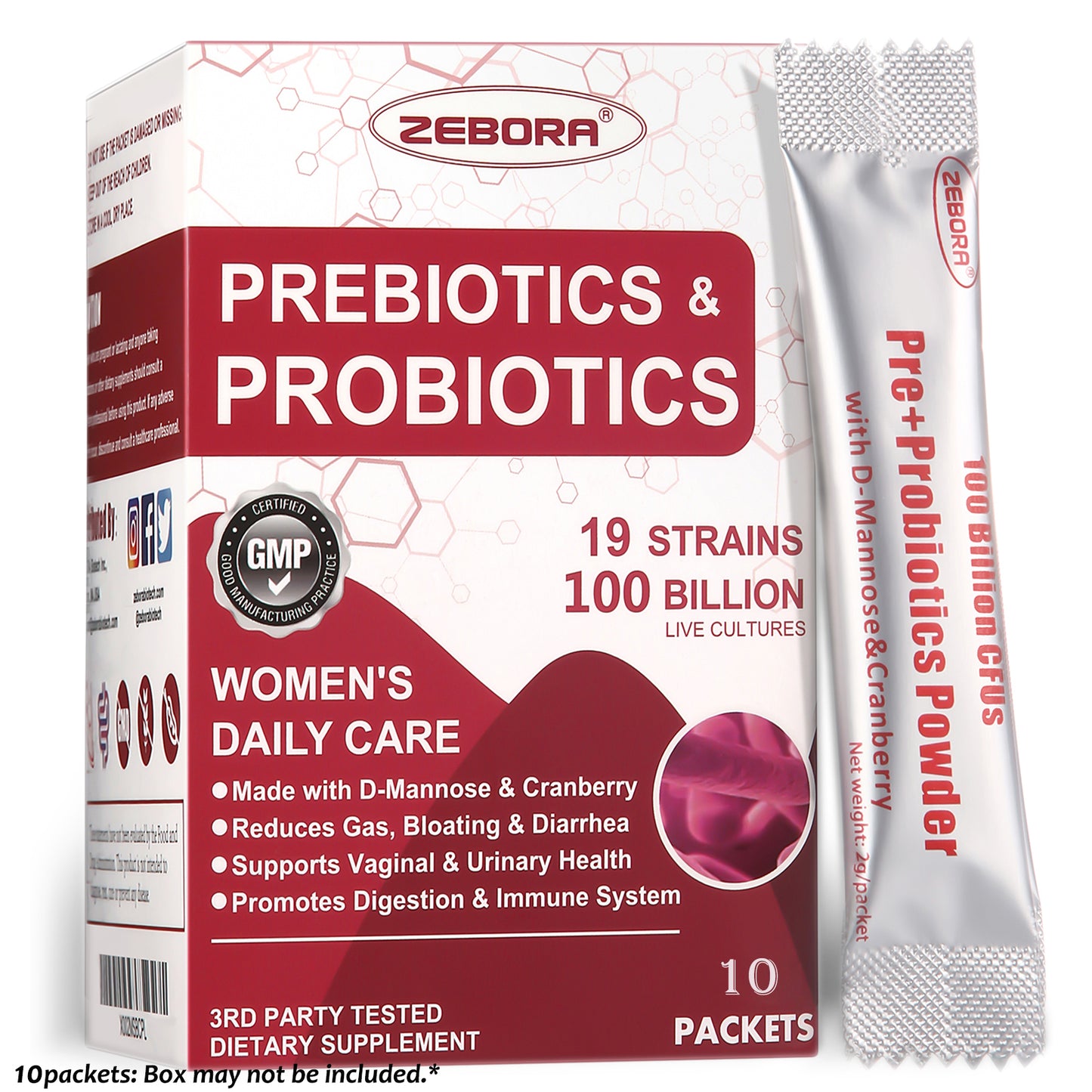 ZEBORA Probiotics for Women, 100B CFUs with Prebiotics, D-Mannose & Cranberry, Supports Digestive, Immune & Feminine UT Health - 45 Packets
