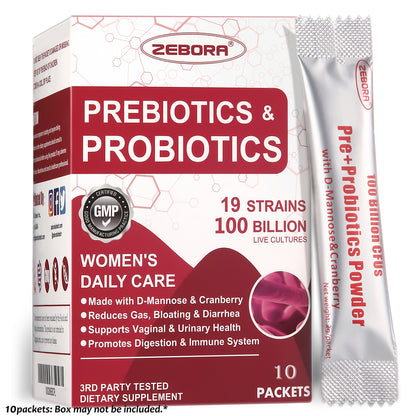 ZEBORA Probiotics for Women, 100B CFUs with Prebiotics, D-Mannose & Cranberry, Supports Digestive, Immune & Feminine UT Health - 45 Packets