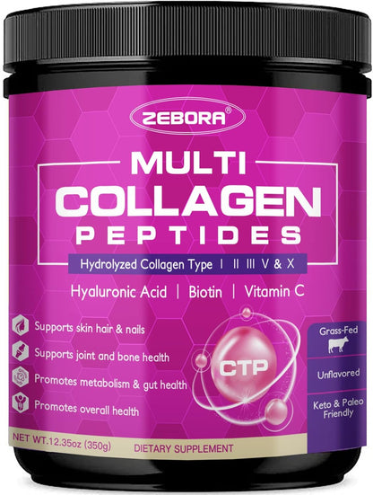 ZEBORA Multi Collagen Peptides: Hydrolyzed Coll(I-V,X)+HA+Biotin+Vit C – Supports Skin/Hair/Nails/Joints – 35 Servings